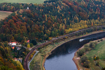 View of a valley of river Elbe countryside in autumn near Saxon Switzerland Mountains. Dresden. Germany. 