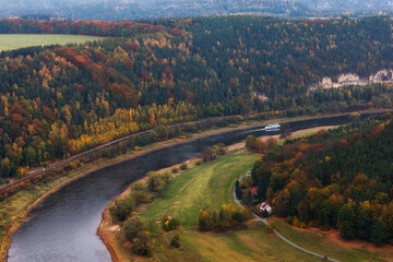 View of a valley of river Elbe countryside in autumn near Saxon Switzerland Mountains. Dresden. Germany. 