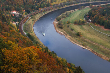 View of a valley of river Elbe countryside in autumn near Saxon Switzerland Mountains. Dresden. Germany. 