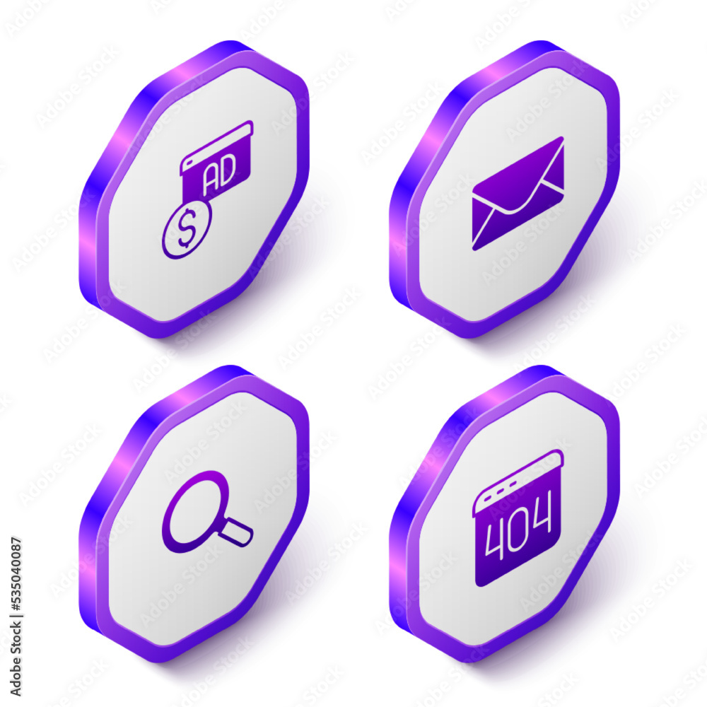 Poster set isometric advertising, mail and e-mail, magnifying glass and page with 404 error icon. purple he