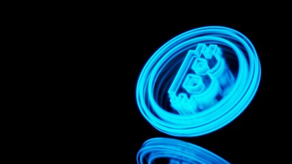 Blue Neon Bitcoin Digital Currency, Mining and Virtual Money Concept on Black reflection.