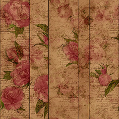 Vintage Distressed Floral Seamless Pattern Background with Shabby Cottage Chic Pink Flowers Repeating Design with Handwriting on Old Beige Grungy Paper