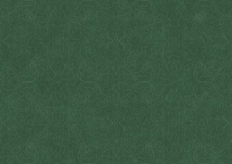 Hand-drawn unique abstract symmetrical seamless ornament. Bright semi transparent green on a deep warm green background. Paper texture. Digital artwork, A4. (pattern: p07-1b)