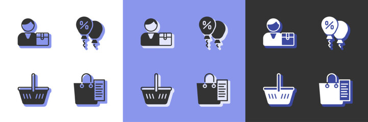 Set Shopping list, Buyer, basket and Discount percent tag icon. Vector