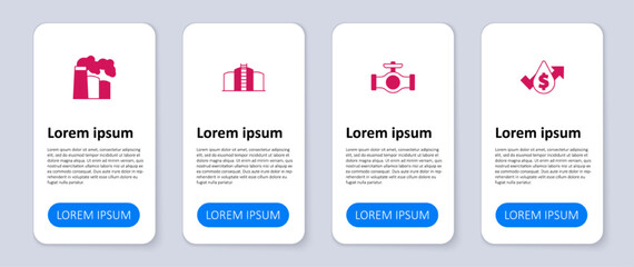 Set Oil price increase, pipe with valve, tank storage and and gas industrial factory. Business infographic template. Vector