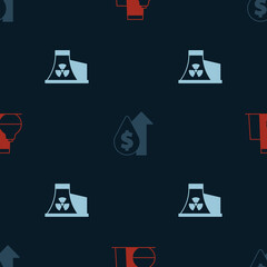 Set Oil tank storage, price increase and Nuclear power plant on seamless pattern. Vector