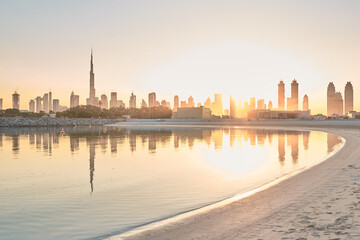 Dubai skyline reflection at the sunrise