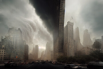 View of a large tornado destroying an entire city