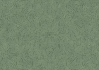 Hand-drawn unique abstract symmetrical seamless ornament. Dark semi transparent green on a light warm green background color. Paper texture. A4. (pattern: p07-1a)