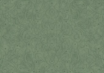 Hand-drawn unique abstract symmetrical seamless ornament. Dark semi transparent green on a light warm green background color. Paper texture. A4. (pattern: p07-2a)