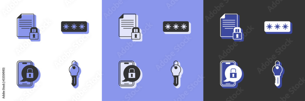 Poster set key, document and lock, mobile with closed padlock and password protection icon. vector