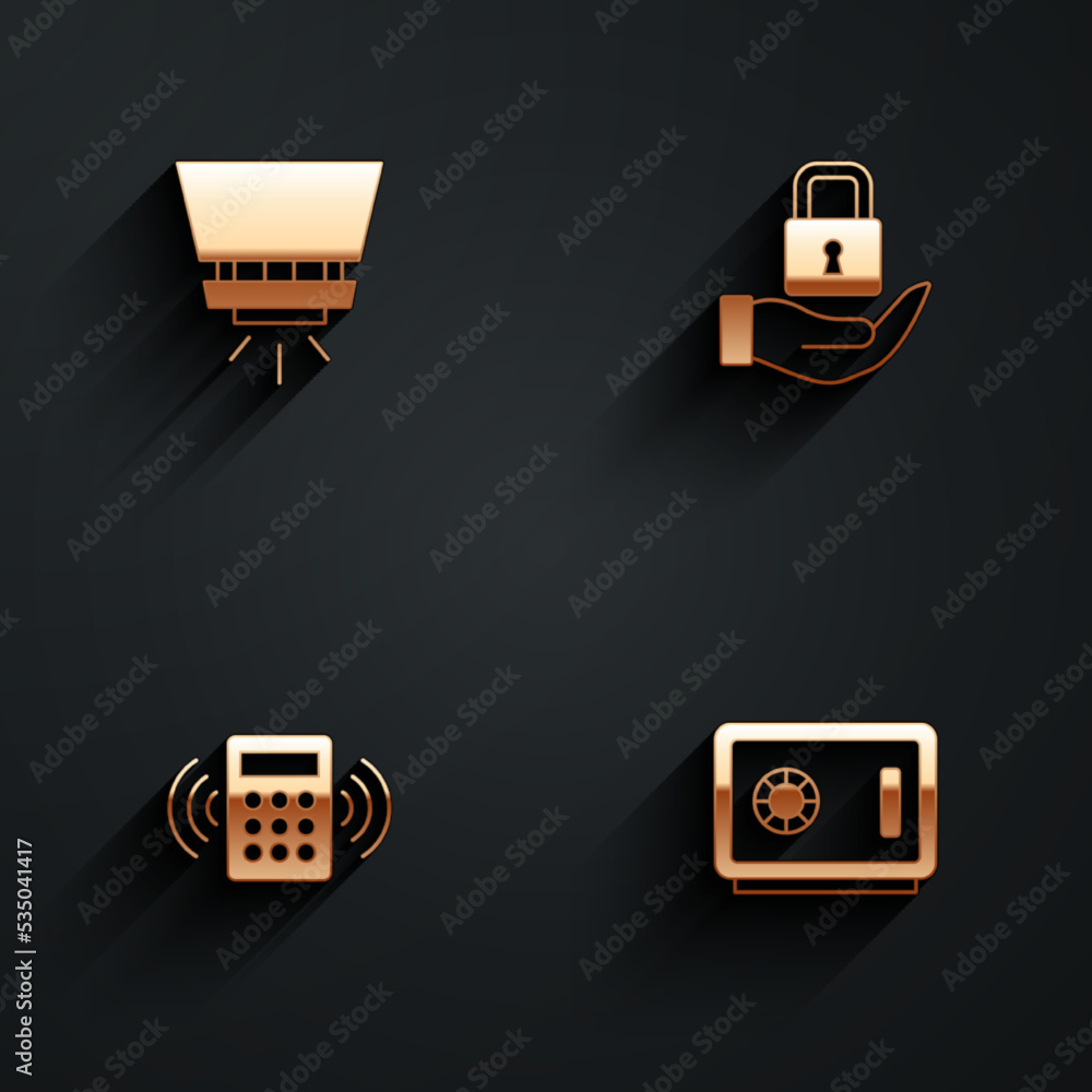 Poster set fire sprinkler system, lock, security keypad access panel and safe icon with long shadow. vector