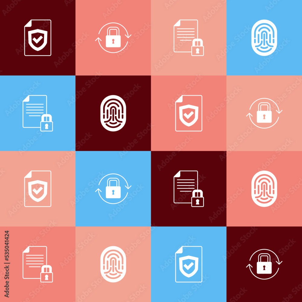 Poster set pop art contract with shield, lock, document and lock and fingerprint icon. vector