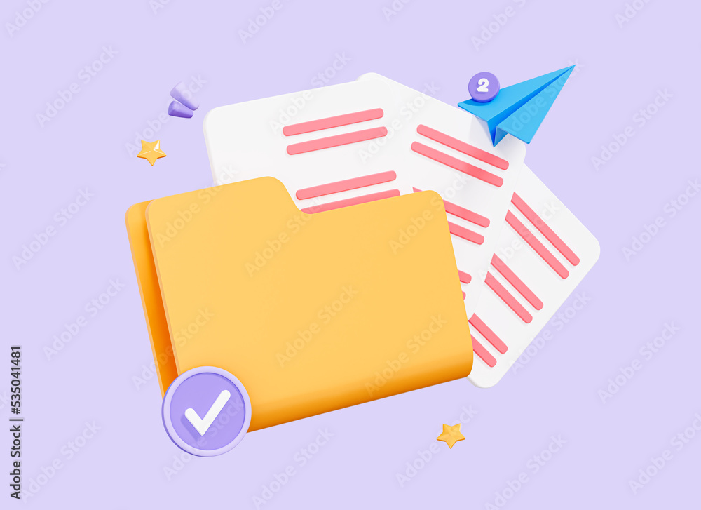 Poster 3d folder with document files. digital management. online paperwork and business organisation. datab