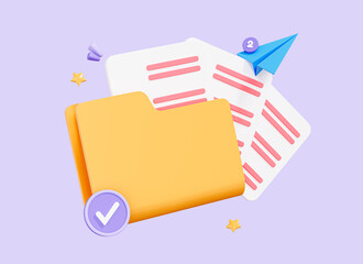 3D Folder with document files. Digital management. Online paperwork and business organisation. Database storage. Project data. Cartoon creative design icon isolated on purple background. 3D Rendering