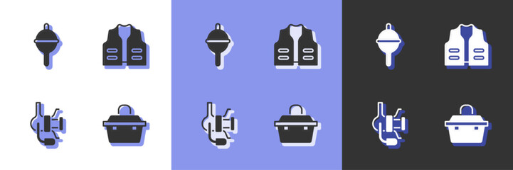 Set Case or box for fishing equipment, Fishing float, Spinning reel and jacket icon. Vector