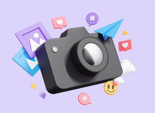 3D Photo camera with print images. Social media post. Marketing in social network concept. Floating element for promotion. Cartoon creative design icon isolated on purple background. 3D Rendering