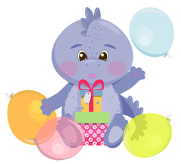 Vector illustration in cartoon style with a drawn dragon with gifts and balloons.