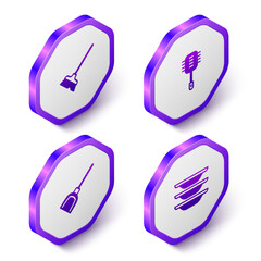 Set Isometric Mop, Toilet brush, Dustpan and Washing dishes icon. Purple hexagon button. Vector