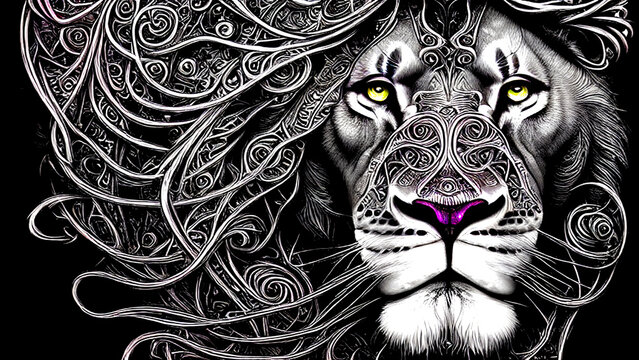 head of a tiger in black and white with yellow eyes and purple now