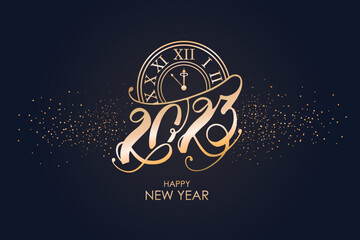 2021 new year. Clock, lettering, sparkling particles. Christmas sparkling template for holiday banner, flyer, card, invitation, cover, poster. Fairytale vintage style.  Vector illustration.
