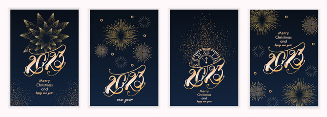 2023 new year. Fireworks, golden garlands, sparkling particles. Set of Christmas sparkling templates for holiday banners, flyers, cards, invitations, covers, posters. Vector illustration. - 535041844