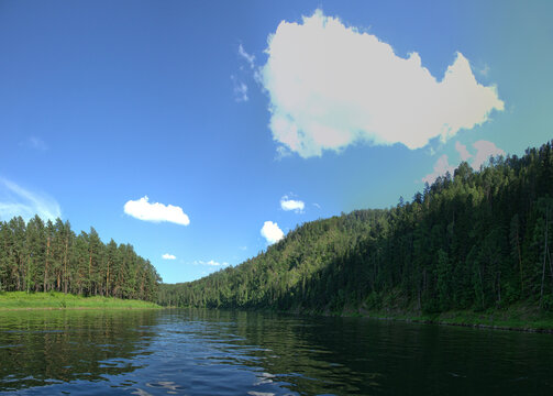 Geography, potamology. Middle Siberia (south part). Panorama of powerful rivers and taiga forests, summer, Typical coniform hill oreography (bald peak). - absence of people and virginal natural area