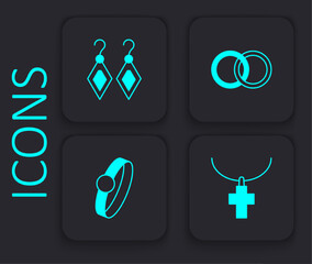 Set Christian cross on chain, Earrings, Wedding and Diamond engagement icon. Black square button. Vector