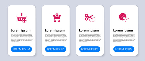 Set Discount percent tag, Scissors cuts discount coupon, Add to Shopping cart and basket. Business infographic template. Vector © Iryna