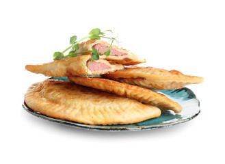 Plate with tasty chebureks and sprouts on white background