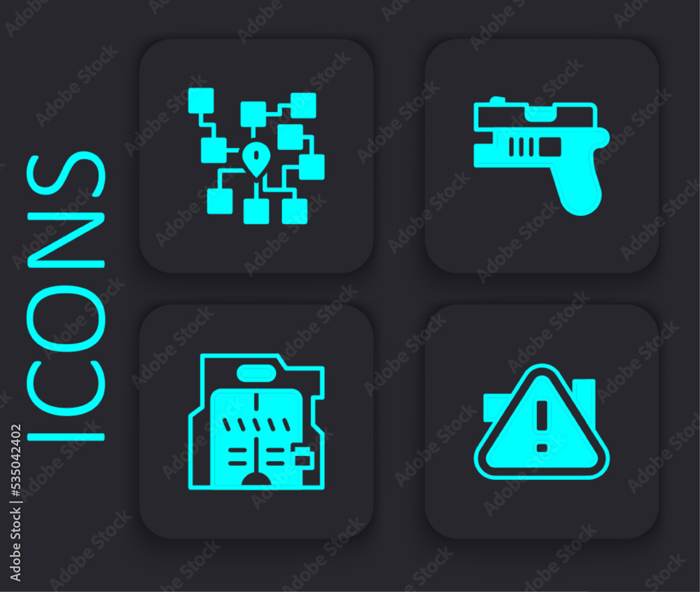 Poster set exclamation mark in triangle, neural network, futuristic weapon and sliding doors icon. black sq