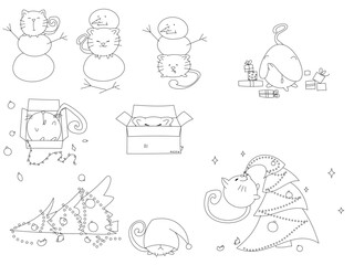 Vector linear round cat. Funny cat coloring book for kids. New Year's cat life style. Fallen Christmas tree, broken toys, hide and seek in a box, search for a gift, games with a snowman