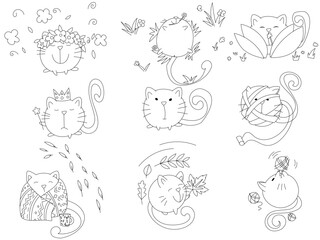  Vector linear series of round cat. Children's coloring of a funny cat. Lying on the grass, tangled in paper, hiding in a warm blanket, holding a crown, flowers on his head, playing with threads
