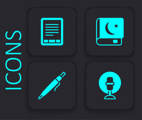 Set Microphone, E-Book reader, Holy book of Koran and Pen icon. Black square button. Vector