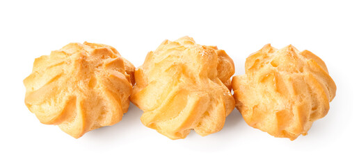 Tasty round eclairs on white background