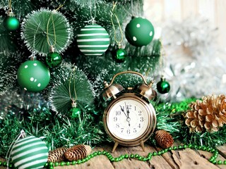 Fototapeta na wymiar Retro alarm clock on the eve of Christmas near a decorative tree, dressed up in green style.Greetings card for Christmas and New Year.