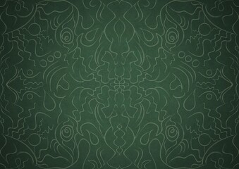 Obraz premium Hand-drawn unique abstract symmetrical seamless ornament. Bright green on a deep warm green with vignette of a darker background color. Paper texture. Digital artwork, A4. (pattern: p07-1a)