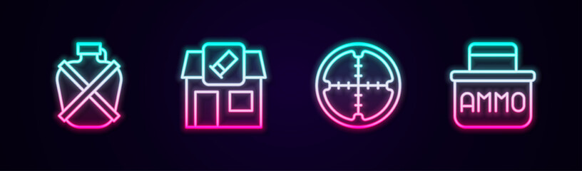 Set line Canteen water bottle, Hunting shop, Sniper optical sight and Ammunition box. Glowing neon icon. Vector
