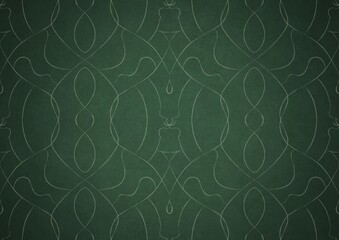 Hand-drawn unique abstract symmetrical seamless ornament. Bright green on a deep warm green with vignette of a darker background color. Paper texture. Digital artwork, A4. (pattern: p08-1b)