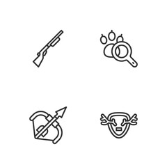 Fototapeta premium Set line Deer antlers on shield, Medieval bow and arrow, Hunting gun and Paw search icon. Vector