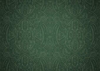 Hand-drawn unique abstract symmetrical seamless ornament. Bright green on a deep warm green with vignette of a darker background color. Paper texture. Digital artwork, A4. (pattern: p08-2b)