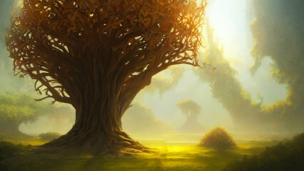 sunset and bright natural light with huge beautiful tree with celestial tree of life