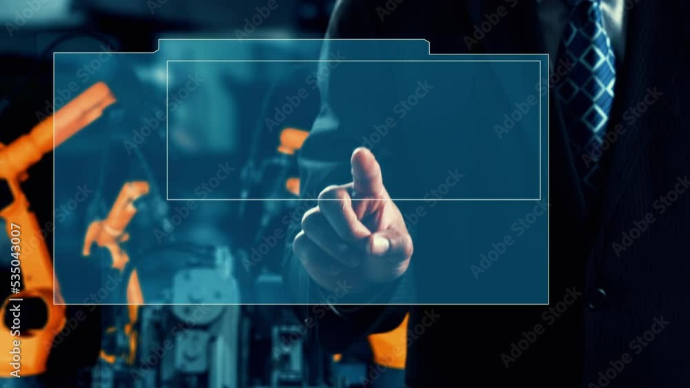 Poster engineer use cybernated robotic software to control industry robot arm in factory . automation manuf