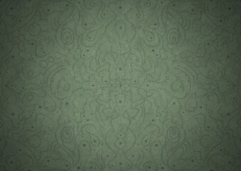 Hand-drawn unique abstract symmetrical seamless ornament. Dark semi transparent green on a light warm green with vignette of a darker background color. Paper texture. A4. (pattern: p07-2a)