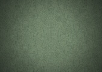 Hand-drawn unique abstract symmetrical seamless ornament. Dark semi transparent green on a light warm green with vignette of a darker background color. Paper texture. A4. (pattern: p08-2b)