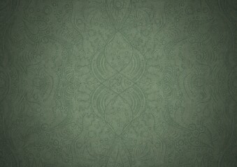 Hand-drawn unique abstract symmetrical seamless ornament. Dark semi transparent green on a light warm green with vignette of a darker background color. Paper texture. A4. (pattern: p09a)