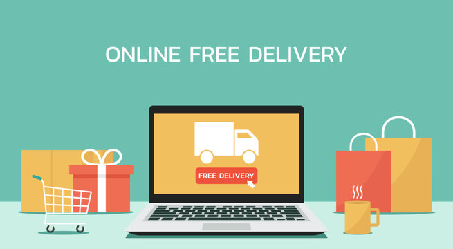 online delivery on laptop concept, fast delivery shipping and tracking , vector flat illustration	
