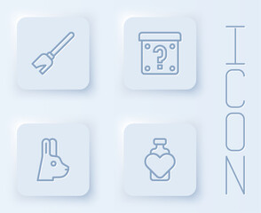 Set line Witches broom, Mystery box, Rabbit with ears and Bottle love potion. White square button. Vector