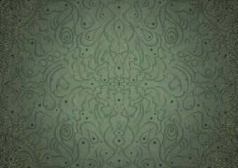Hand-drawn unique ornament. Dark green on light warm green background, with vignette of darker background color and splatters of golden glitter. Paper texture. Digital artwork, A4. (pattern: p07-2a)
