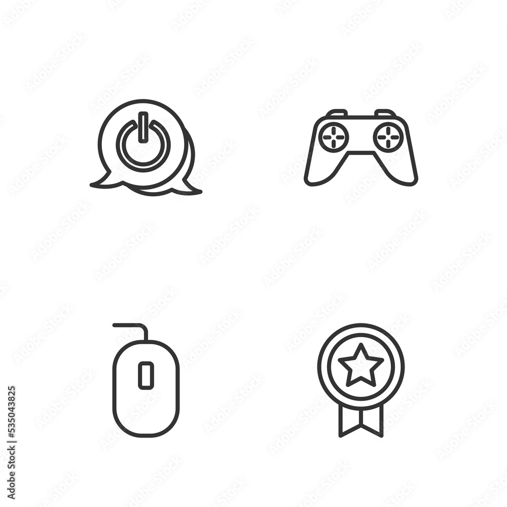 Poster set line game rating with medal, computer mouse, power button and controller or joystick icon. vecto